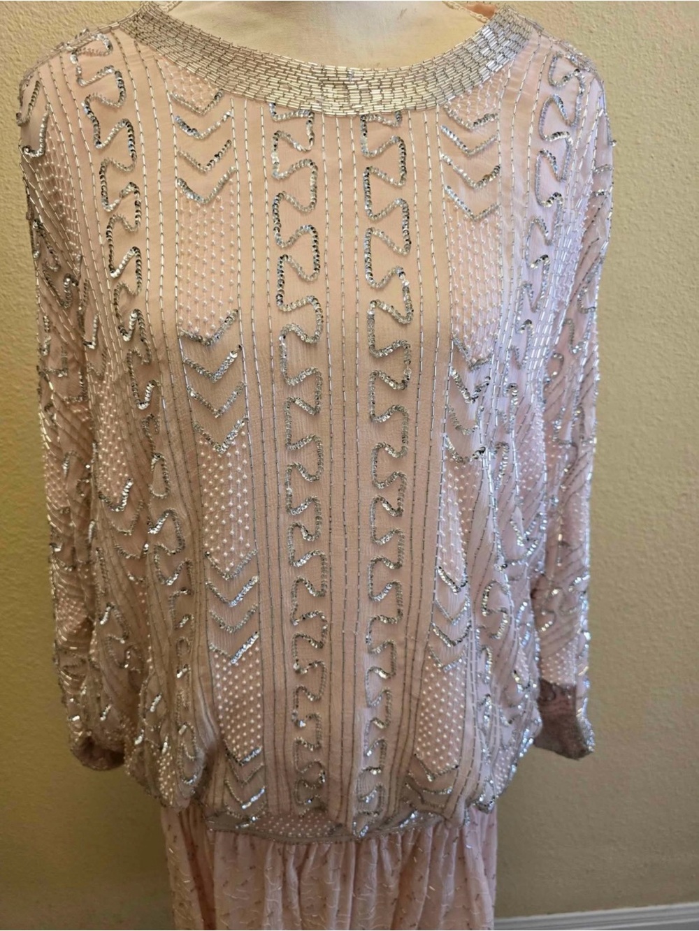 Vintage Judith Ann for Andie & Barbara Pink Silk Beaded Drop Waist Dress Small - Picture 5 of 8